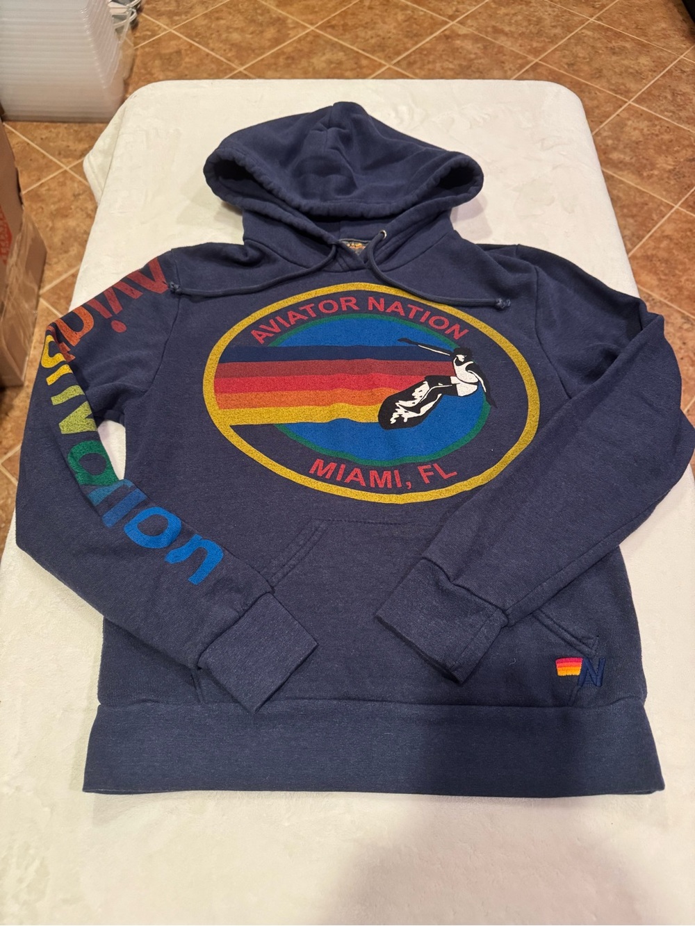 Aviator Nation Navy Relaxed Pullover Logo Hoodie Size XS